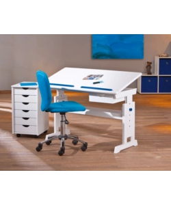 SCRIVANIA IN PINO MASSELLO FINITURA BIANCO ROSA/BLU . PIANO INCLINABILE E STRUTTURA REGOLABILE IN ALTEZZA. DIM. 109X55X64-90H. ARTICOLO IN KIT.